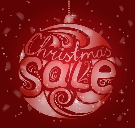 Hand drawn lettering Christmas sale xmas ball on red background with snow. Vector illustrationのイラスト素材