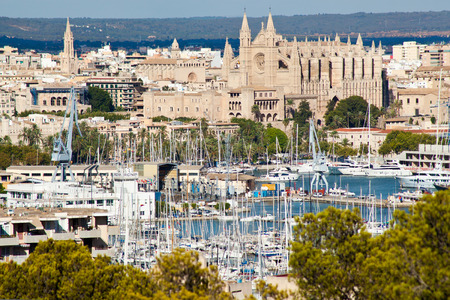 Palma de Mallorca port and Cathedral La Seu, view from Belver castle, Mallorca, Balearic island,...