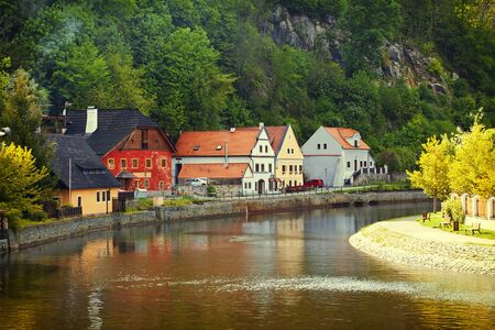 Beautiful old houses on Vltava river in Cesky Krumlov, Czech Republicの写真素材