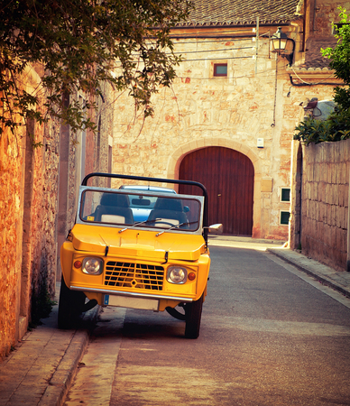 Vintage car in sharming spain street, Mallorcaの写真素材