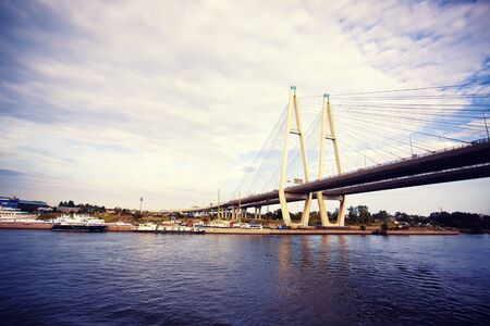 Cable stayed bridge in Saint-Petersburg, Russiaの写真素材