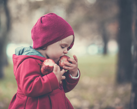 Little girl eat apple in autumn parkの写真素材