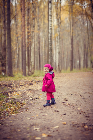 Little girl walk in autumn magic forestの写真素材