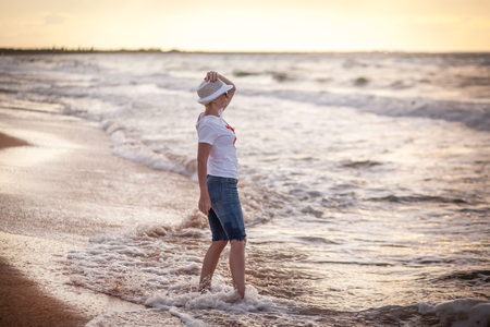 Beautiful woman on sea beachの写真素材