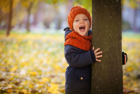 Funny kids twins in red hat in autumn parkの写真素材