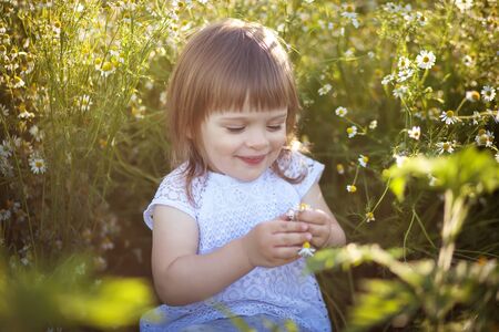 Funny little girl in summer flower field