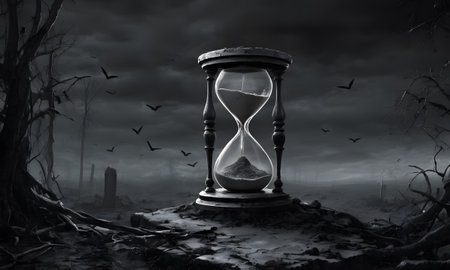 Hourglass in Hand Against Ethereal Cityscape depicts an hourglass held in a hand against a backdrop of a cityscape during sunset or sunrise. AI Generatedの素材