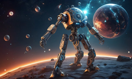 Robotic Overlord Governing the Universe portrays a robot manipulating planets, symbolizing the concept of robots ruling the world. AI Generatedの素材