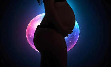 Expectant Mother Under the Moonlight portrays a silhouette of a pregnant woman against a moonlit ocean backdrop, evoking a sense of tranquility and anticipation. AI Generatedの素材