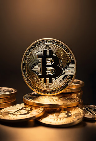 Golden Bitcoins Shine Brightly, showcasing a collection of cryptocurrency coins on a dark surface. AI Generatedの素材