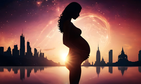 Expectant Mother Under the Moonlight portrays a silhouette of a pregnant woman against a moonlit ocean backdrop, evoking a sense of tranquility and anticipation. AI Generatedの素材