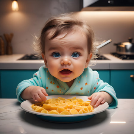 A toddler eagerly eats spaghetti from a plate using a fork, enjoying their favorite food and making a mess on the tablewareの素材