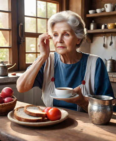 The elderly woman is seated at a table by the window, sipping coffee from a porcelain cup. The table is set with elegant dishware and drinkwareの素材