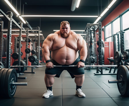 A bodybuilder with massive muscles is lifting a barbell in the gym, using his arms, shoulders, chest, and thighs to complete the liftの素材