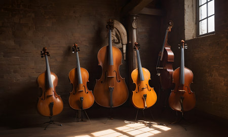 Elegant Cellos Stand Proud, showcasing their polished wood and curves. AI Generatedの素材