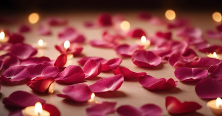 A collection of magenta rose petals forming a small pile on a table, creating a striking contrast with the surrounding peach and electric blue decorの素材