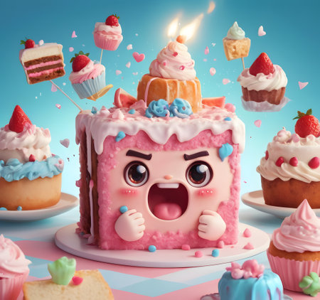 A blue cake decorated with a face is surrounded by pink cupcakes, creating a cute and delicious display of baked goodsの素材