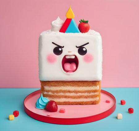 A blue cake decorated with a face is surrounded by pink cupcakes, creating a cute and delicious display of baked goodsの素材