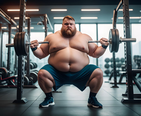 A bodybuilder with a massive physique is lifting a heavy barbell in the gym, showcasing his strong shoulders, neck, chest, and thigh musclesの素材