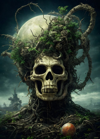 An organism with a tree growing from its head, resembling a fictional character from science fiction art. The illustration depicts a unique blend of nature and space in darknessの素材
