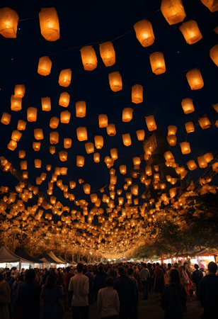 A crowd gathers under a canopy of glowing lanterns, casting an amber light in the evening sky. The atmosphere is heated with excitement for the event aheadの素材