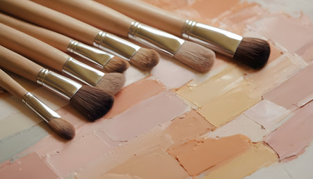 A collection of cosmetics brushes arranged on a wooden palette resembling an art piece, surrounded by paint brushes and auto partsの素材