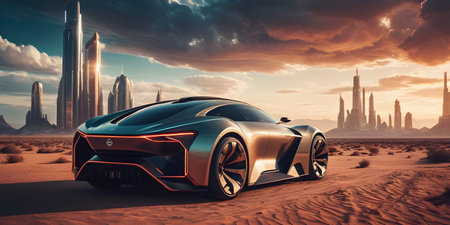 An Automotive design concept car sits in the desert with its wheels on the sand, under the open sky, with the city in the backgroundの素材
