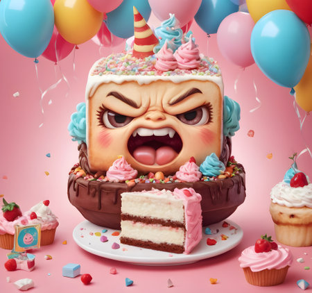 A blue cake decorated with a face is surrounded by pink cupcakes, creating a cute and delicious display of baked goodsの素材