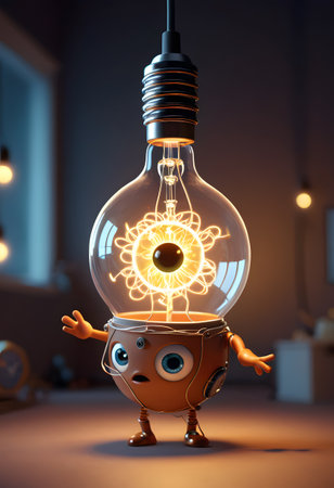 A fictional character figurine is inside a glass light bulb. It is a unique art piece, combining toy and lighting accessory elements in a creative picture frame designの素材