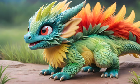 A fictional organism with electric blue fur, resembling a dragon, is perched on a rock in the grass as a terrestrial animal. It is an artwork depicting wildlife in a natural settingの素材