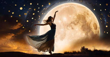 Captured in a euphoric twirl, a woman dances freely as multiple moons create a symphony of light against the dark canvas of the night.の素材