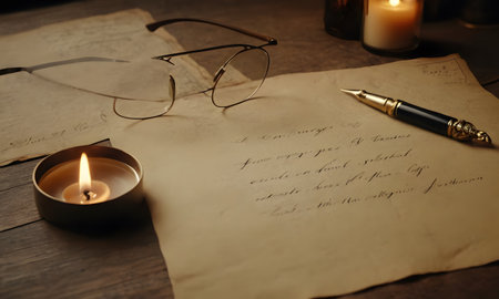 A rectangle wooden table with a watch, pen, compass, binoculars, and candle. The table is decorated with a clock made of metal, an open book, and a font accessoryの素材