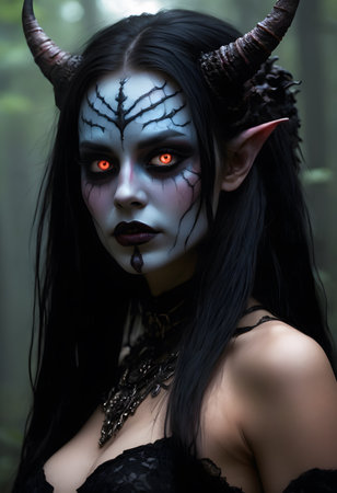 A woman transformed into a supernatural creature with horns and purple eyes, resembling a fictional character from a dark fantasy art event with electric blue eyelashesの素材