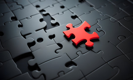 A red puzzle piece is absent from a dark puzzle, creating an incomplete circle pattern. The missing piece resembles carmine colorの素材