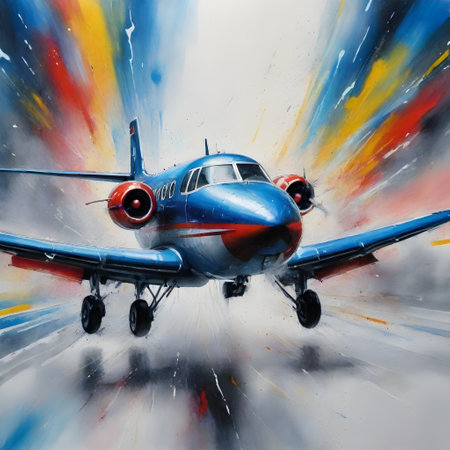 An airplane ascends into the sky, its flight captured with a burst of colorful flair, symbolizing the excitement and freedom of air travel.の素材