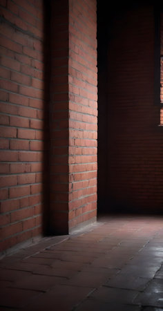 A narrow alleyway, defined by a red brick wall and subtle lighting, creates a quiet, contemplative urban scene.の素材