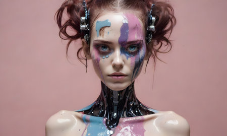 A cybernetic entity with human-like features is adorned with dripping paint, merging the lines between technology and organic artistry.の素材