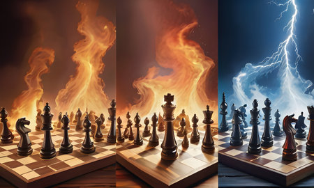 Sparks fly over a chessboard where strategy and intellect collide, symbolizing the explosive potential of a well-played game.の素材
