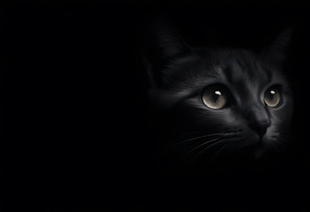 A mystical Siamese cats face emerges from the shadows, its striking green eyes captivating and full of enigma.の素材
