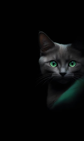 A mystical Siamese cats face emerges from the shadows, its striking green eyes captivating and full of enigma.の素材
