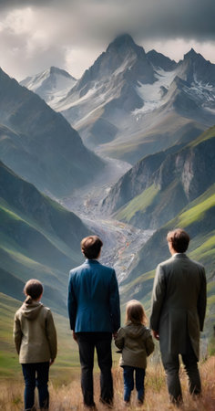 A family of four, equipped with backpacks, walks towards the towering mountains, a symbol of their shared journey and adventure. The vast landscape and the familys togetherness evoke a sense of exploration and bonding.の素材