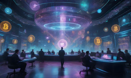 The gravity of Bitcoins presence is magnified in a high-tech virtual setting, as cryptocurrencies orbit its influence. A futuristic command center is alive with activity, all centered around the powerful draw of Bitcoin.の素材