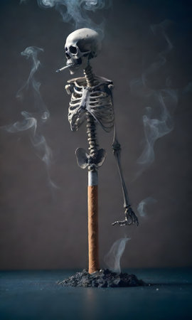 A skeletal figure exhales smoke with a cigarette in its mouth, standing atop a giant cigarette. The surreal imagery evokes a stark warning about smoking.の素材
