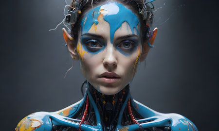 A cybernetic models gaze is intensified by the vibrant paint streaming down its features, symbolizing a merger of technology and human expression.の素材