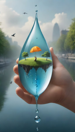 A hand gracefully holds a giant water drop, encapsulating a lush green tree within, symbolizing environmental preservation against a city backdrop. The image merges natures fragility with urban life.の素材