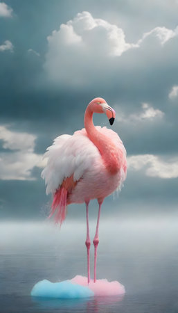 A greater flamingo, with its long neck and distinctive beak, standing gracefully on a pile of fluffy pink clouds, against a stunning blue sky. A perfect photograph of natures beautyの素材