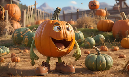 A Jack olantern, carved pumpkin, is displayed on a wooden table, showcasing the creative art of carving winter squash. A lovely addition to natural foods decorの素材