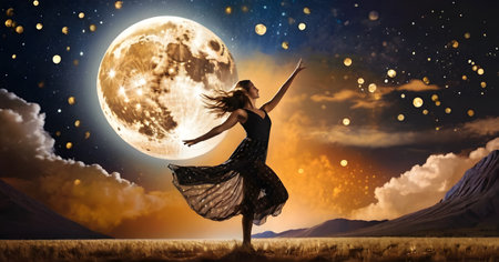 Amidst a painted sky, a graceful dancer performs an ethereal waltz under a radiant harvest moon, with stars streaking the heavens.の素材