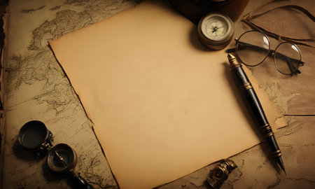 A still life composition featuring a wooden rectangle with old paper, feathers, a pen, and a compass. The art of calligraphy and drawing captured in a painting with metal and a fashion accessoryの素材