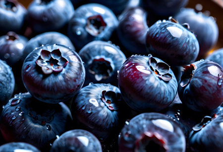 A close up of a pile of blueberries, seedless fruit from the grapevine family, with water drops on them. These electric blue berries are a superfood and natural food optionの素材